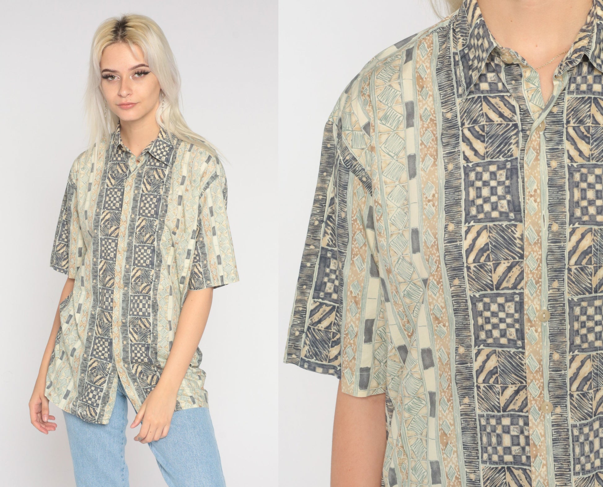 90s Geometric Zebra Print Button-Up Blouse Brown Beige Cotton Medium