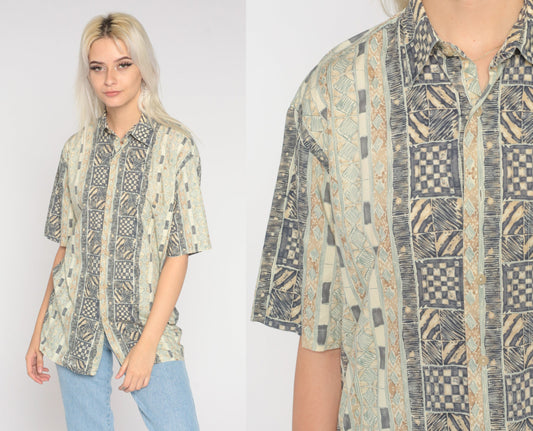 90s Geometric Zebra Print Button-Up Blouse Brown Beige Cotton Medium