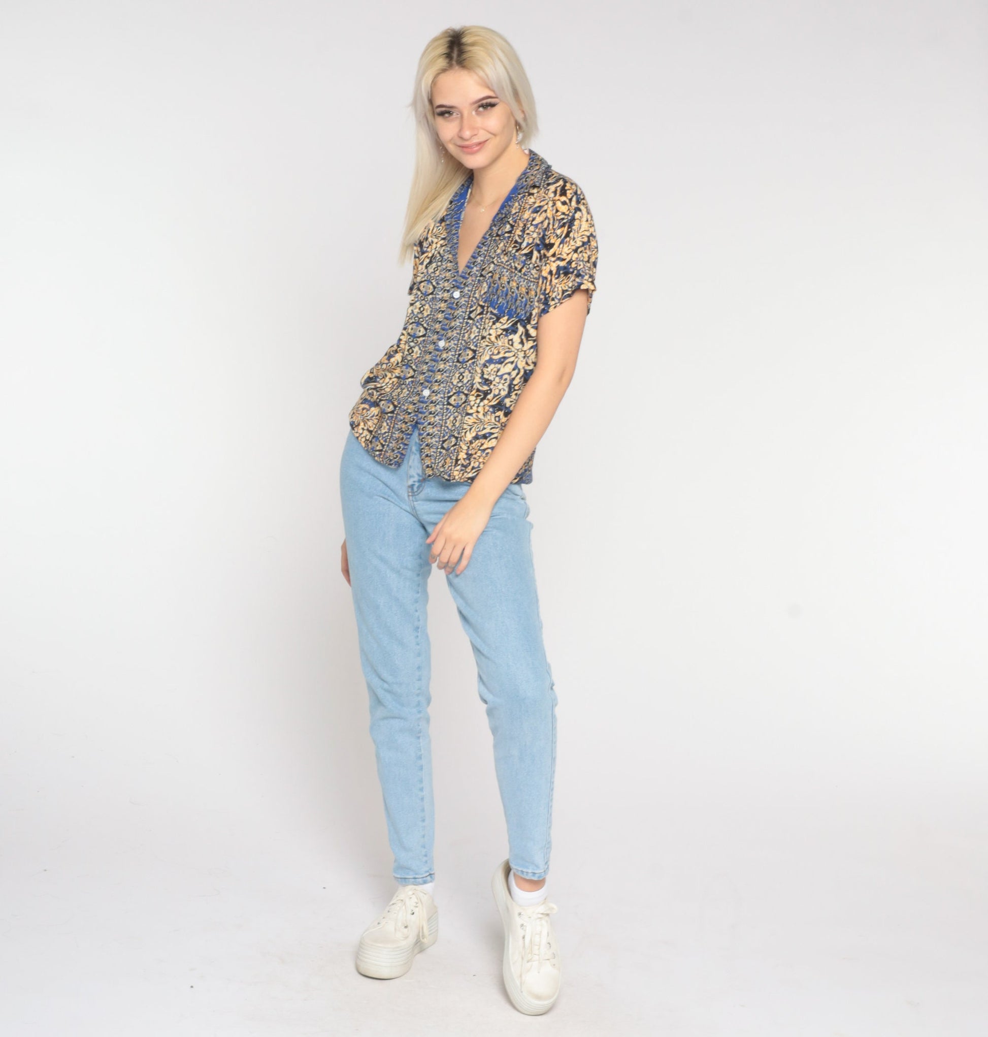 90s Batik Floral Button-Up Blouse Blue Yellow Short Sleeve Small