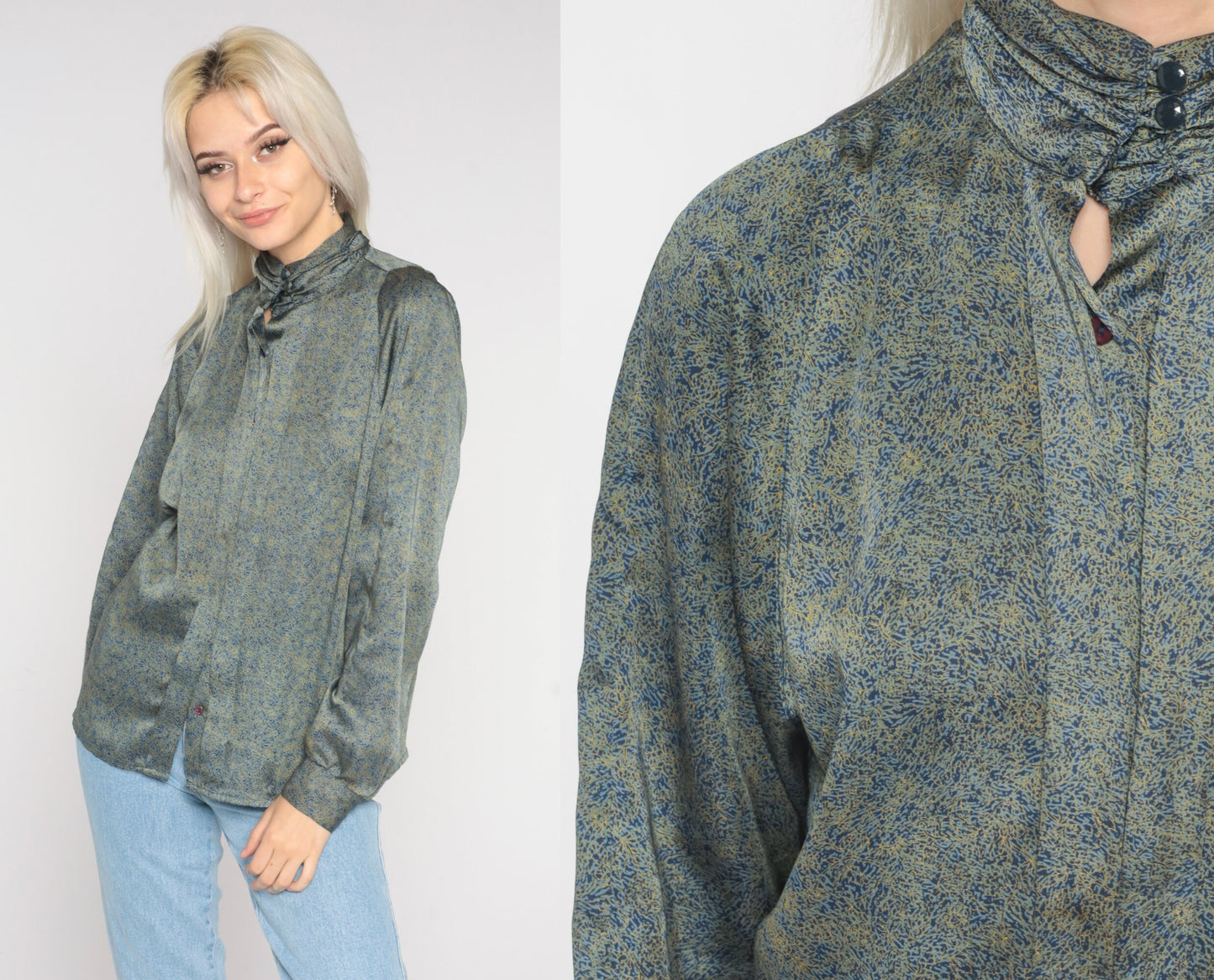 80s Abstract Print Mock Neck Blouse Long Sleeve Secretary Shirt Medium