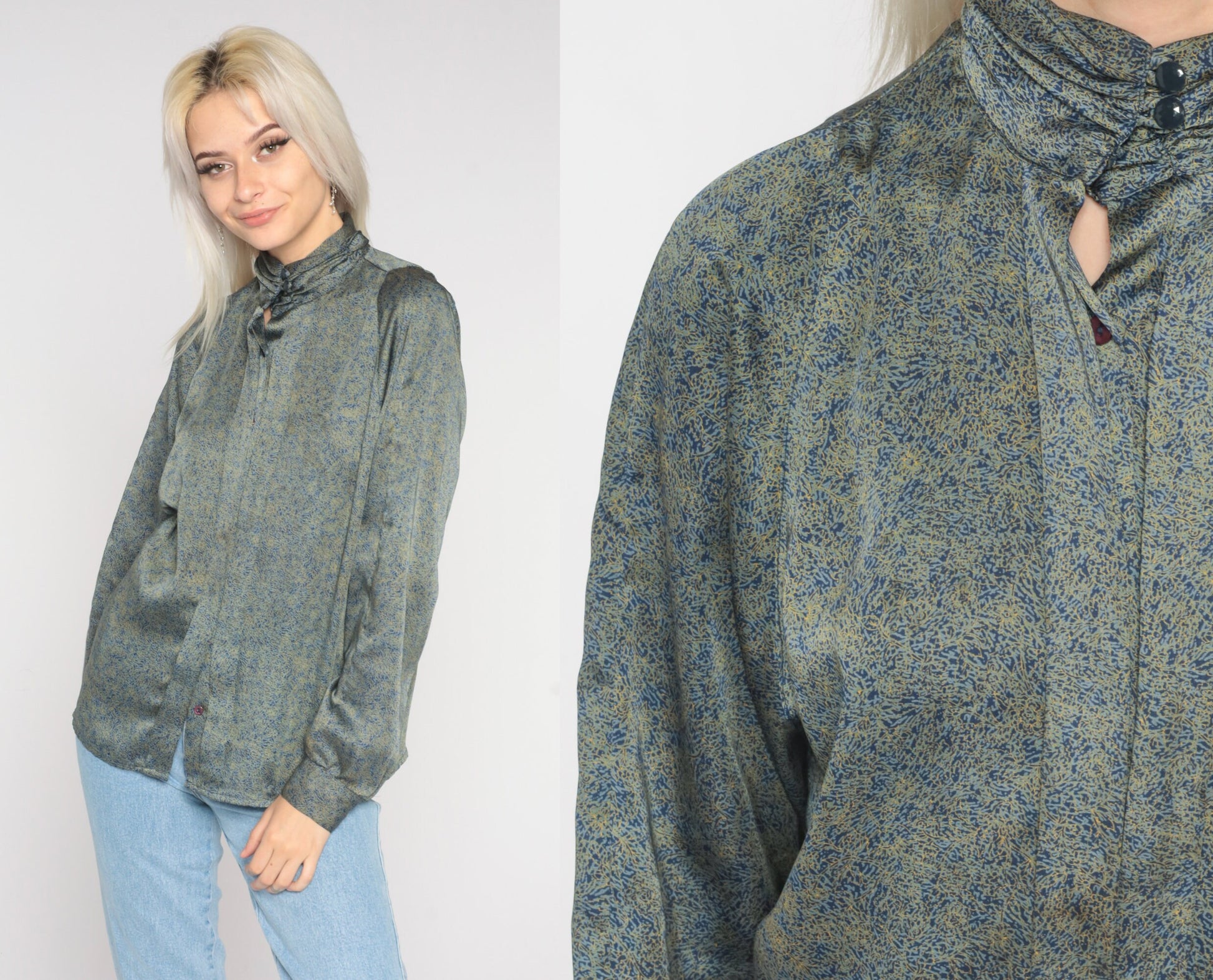 80s Abstract Print Mock Neck Blouse Long Sleeve Secretary Shirt Medium