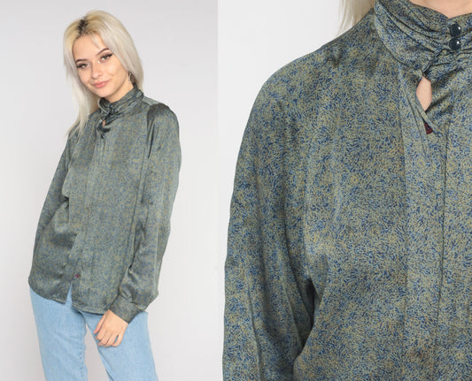 80s Abstract Print Mock Neck Blouse Long Sleeve Secretary Shirt Medium