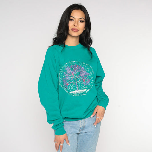 80s Jerzees Bird Tree Raglan Sweatshirt Green Graphic Crewneck Extra Large