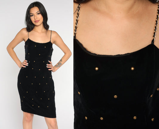 90s Black Velvet Mini Dress Gold Studs Chain Straps Sheath Small