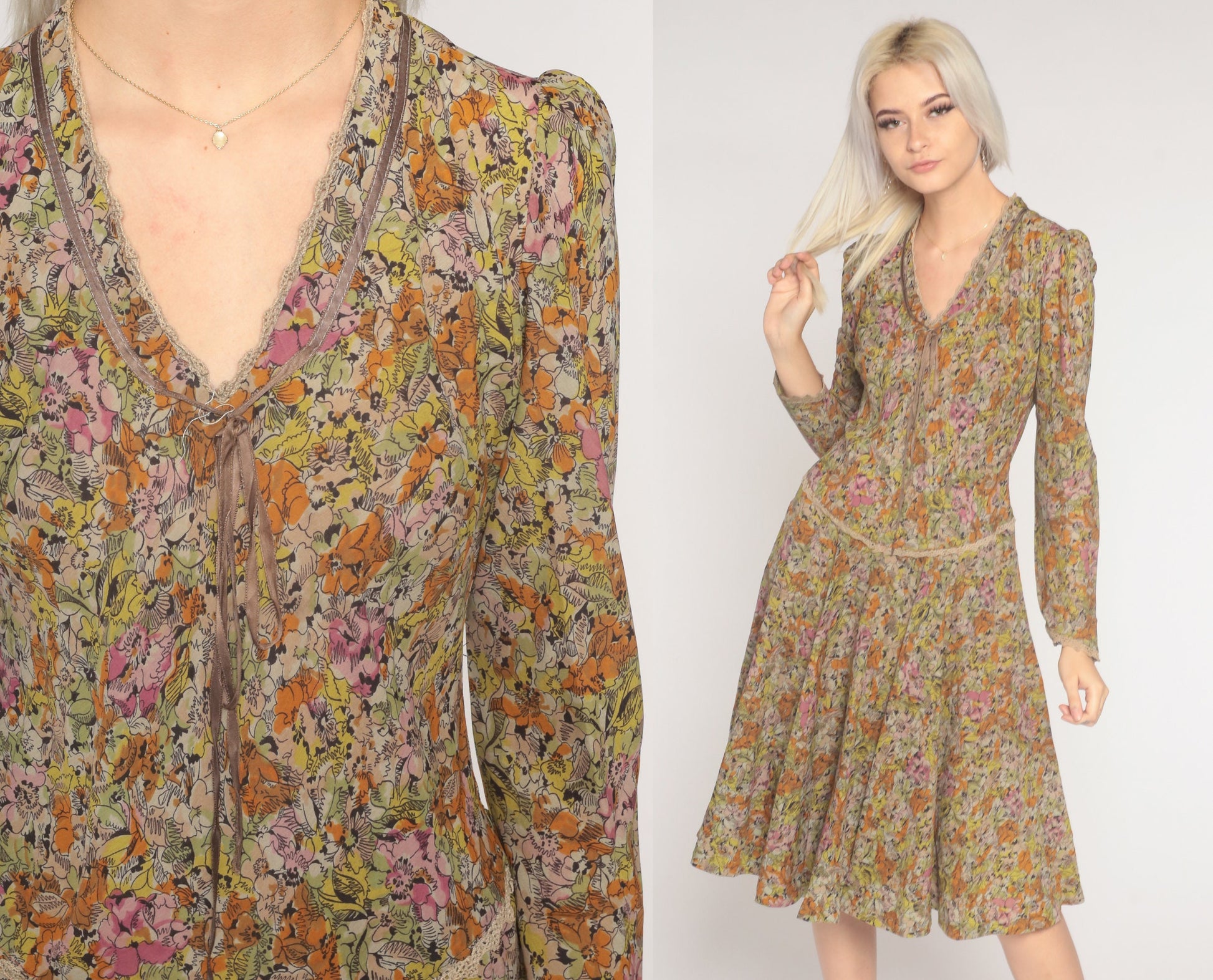 70s Floral Puff Sleeve Dress Knee Length Multicolor Print Medium M