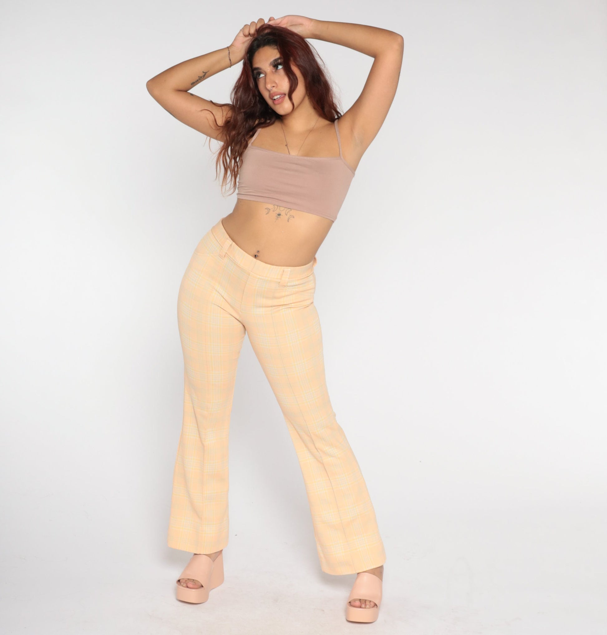 70s Peach Plaid High-Waisted Flared Trousers Medium M