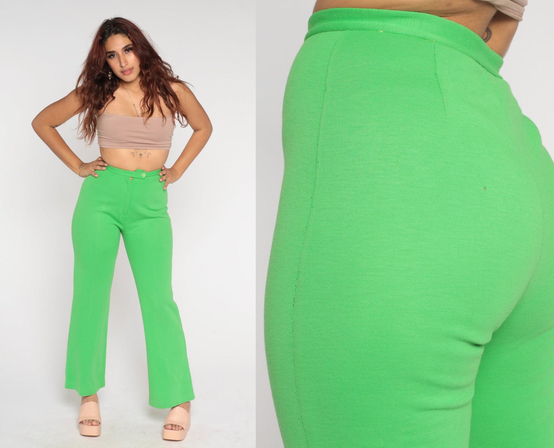 70s Lime Green Bell Bottom Pants High Waist Flared Trousers Small S