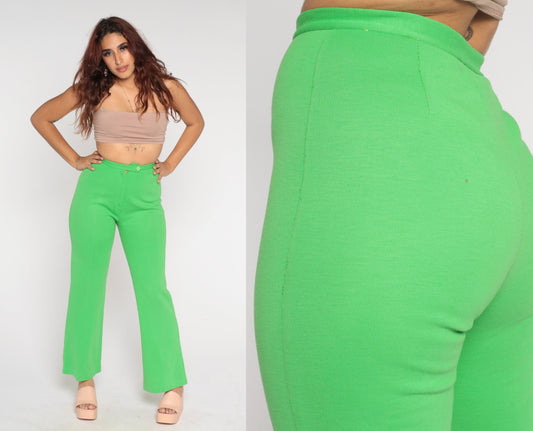 70s Lime Green Bell Bottom Pants High Waist Flared Trousers Small S