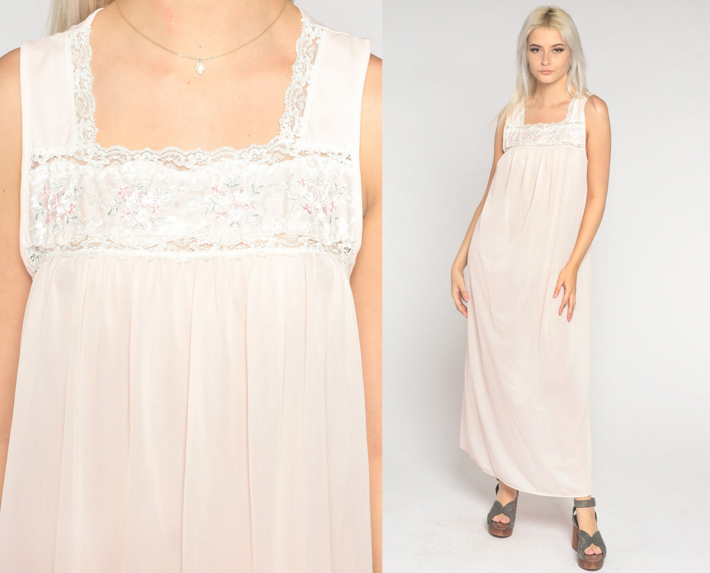 90s Light Pink Nylon Maxi Nightgown Lace Bib Sleeveless Small