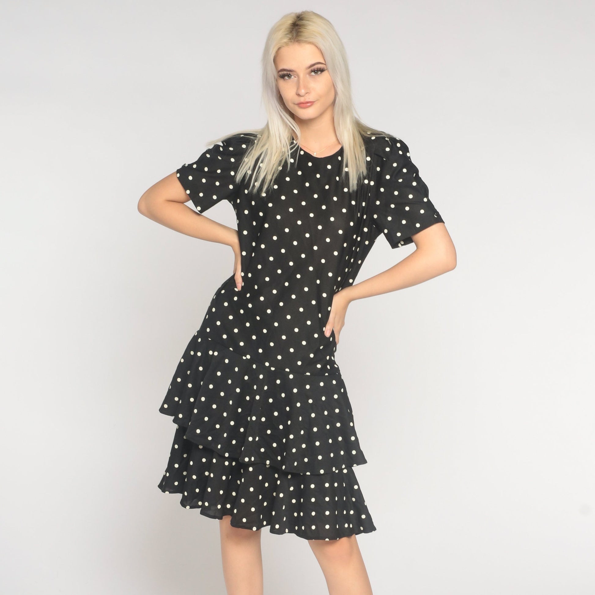 80s Black Polka Dot Tiered Dress Puff Sleeve Knee Length Large