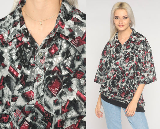 90s Abstract Geometric Polo Shirt Grey Red Collared Short Sleeve Extra Large XL