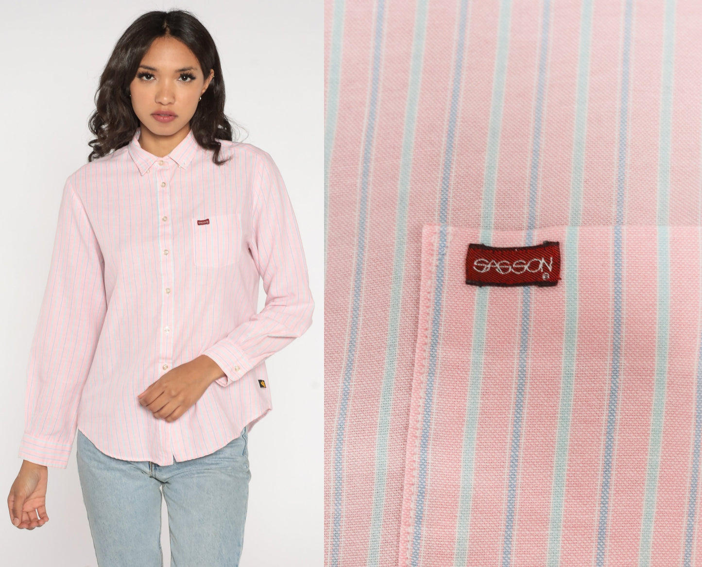 90s Sasson Striped Button-Up Blouse Pink Blue Long Sleeve Extra Large