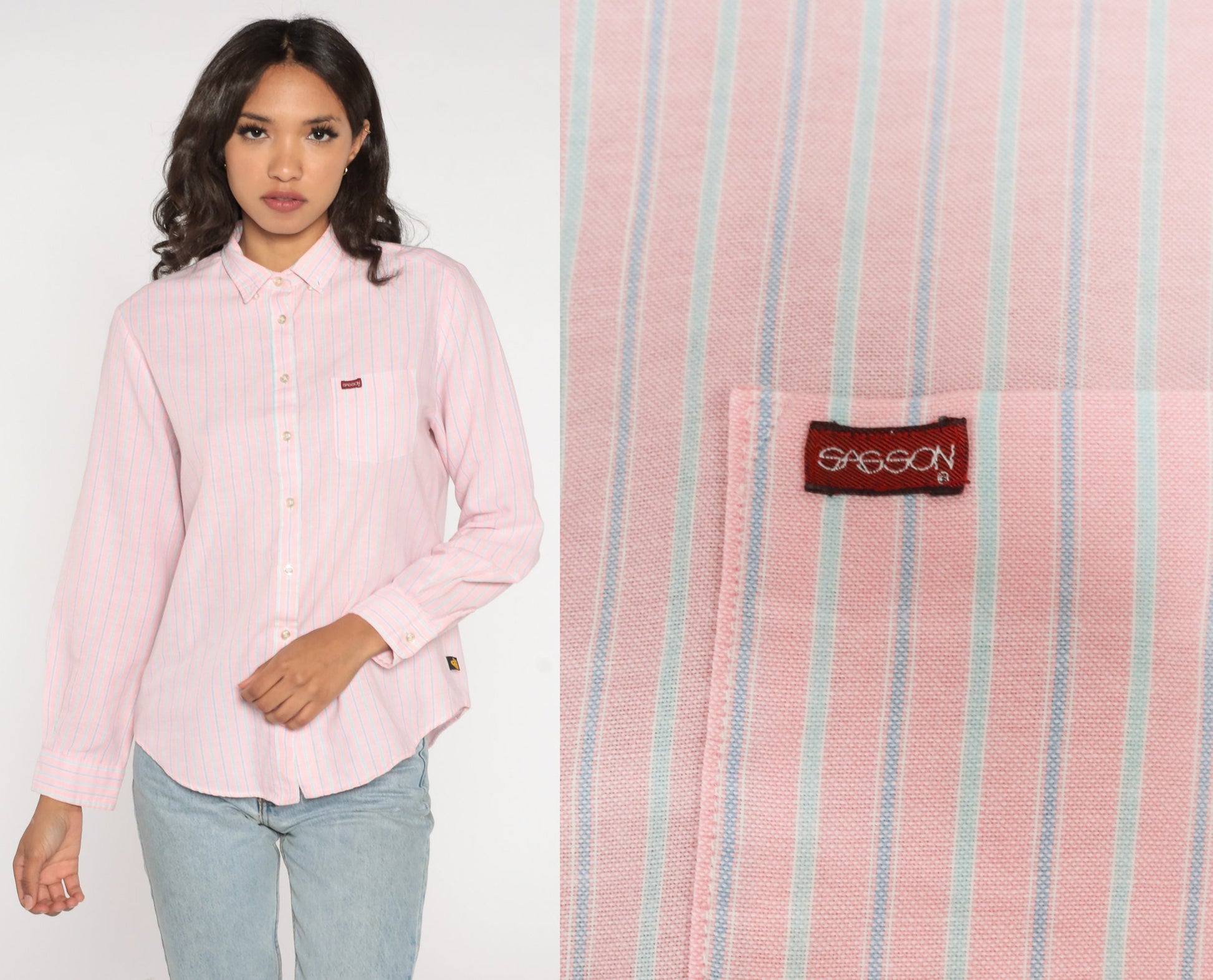 90s Sasson Striped Button-Up Blouse Pink Blue Long Sleeve Extra Large
