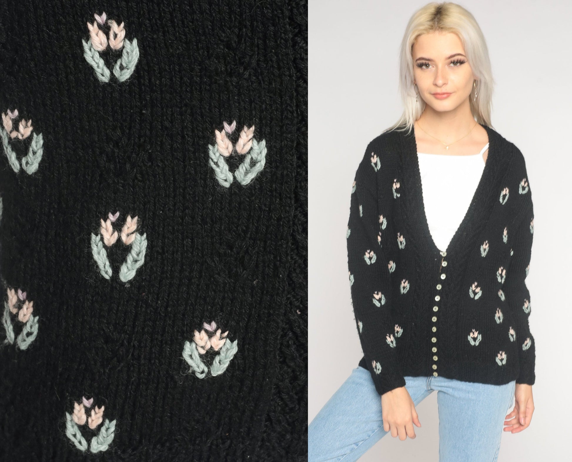 90s Black Wool Floral Cardigan Shell Button Knit Sweater Small S