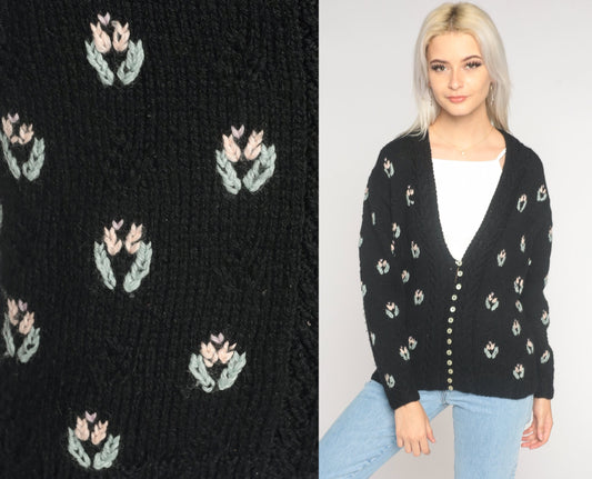 90s Black Wool Floral Cardigan Shell Button Knit Sweater Small S