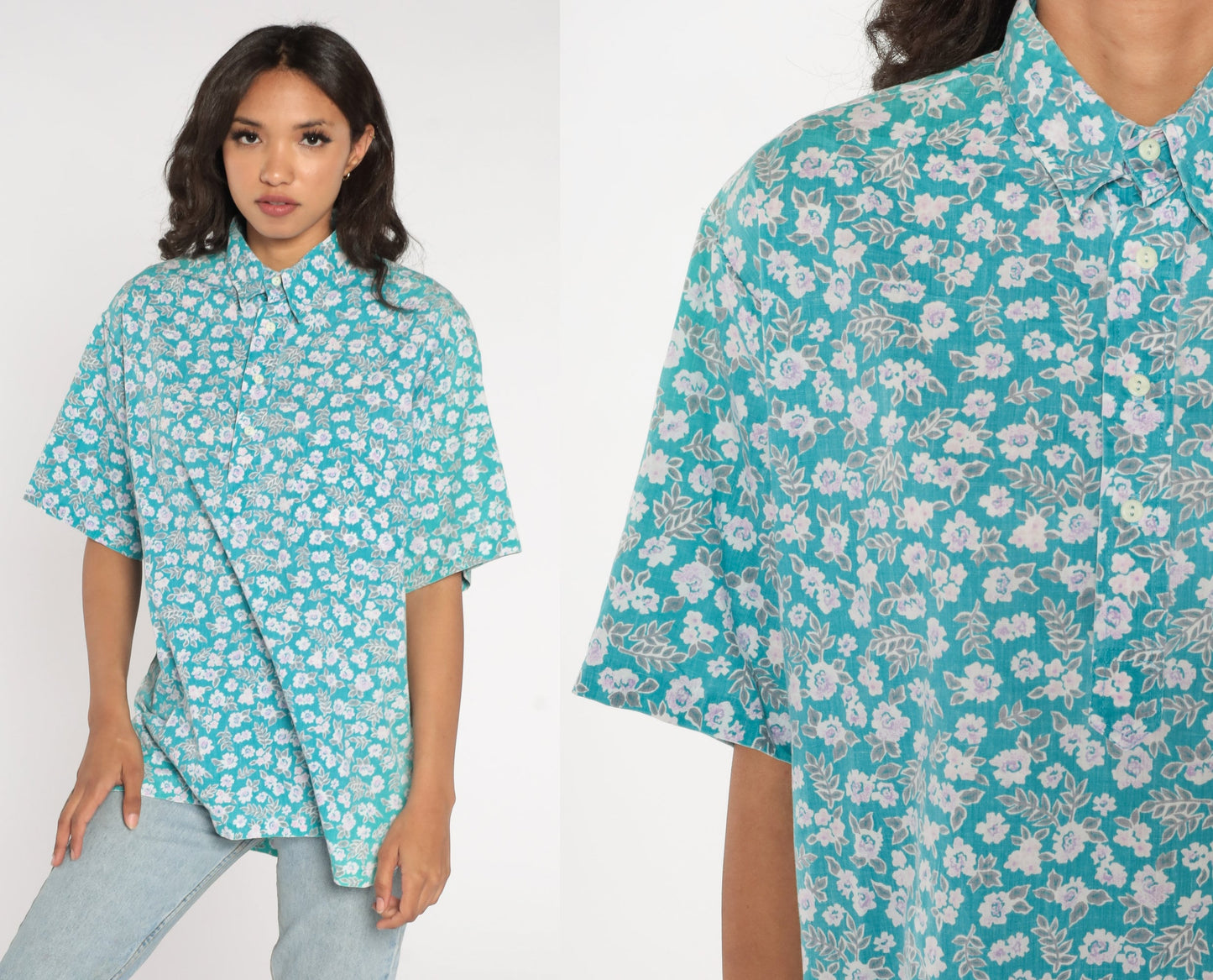 90s Blue Floral Half-Button Shirt Short Sleeve Collared Cotton Blend Large