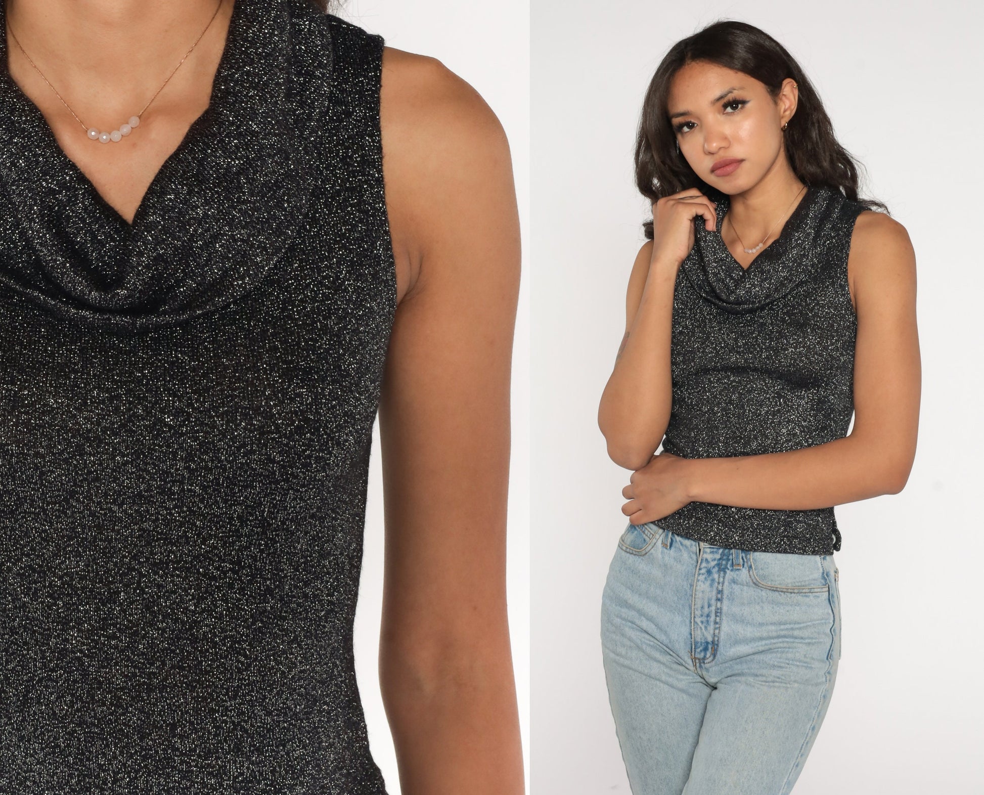 90s Metallic Black Cowl Neck Tank Top Sleeveless Blouse Small S