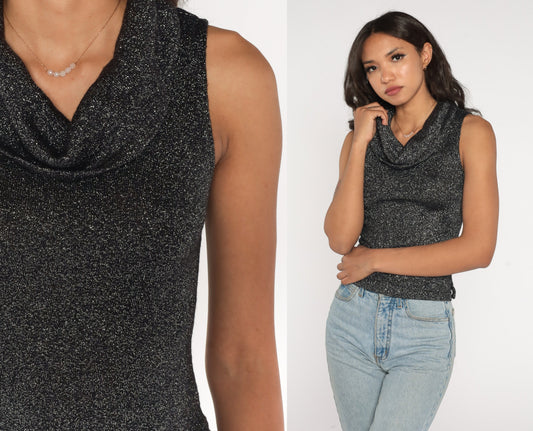 90s Metallic Black Cowl Neck Tank Top Sleeveless Blouse Small S