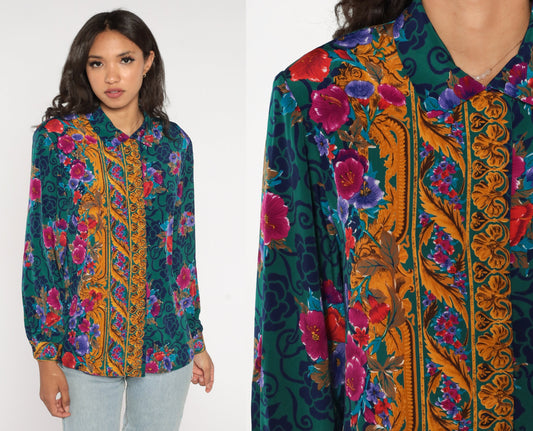 90s Baroque Floral Green Button-Up Blouse Long Sleeve Medium M