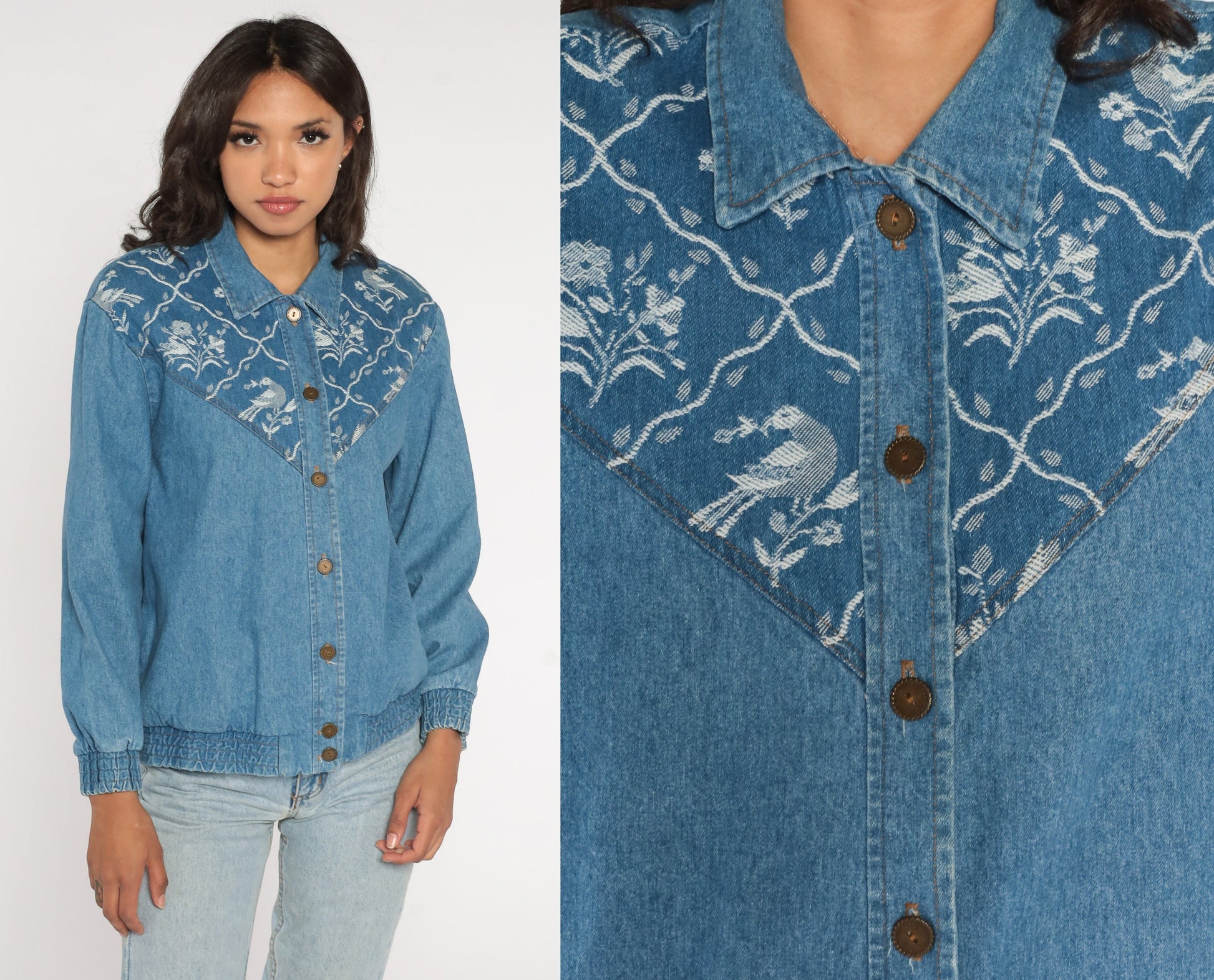 90s Floral Bird Tapestry Denim Jacket Cotton Button-Up Medium