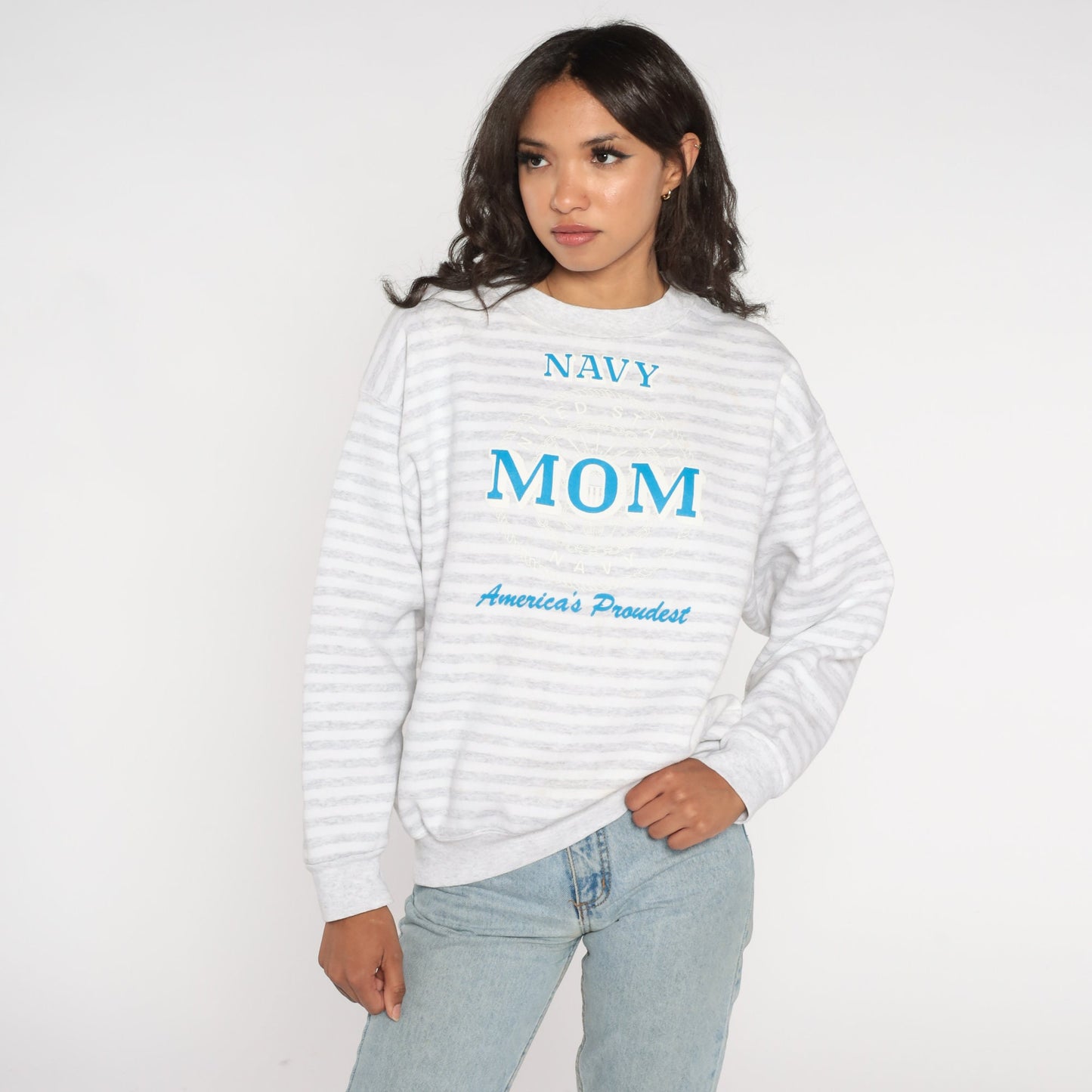 90s Navy Mom America's Proudest Striped Sweatshirt Grey White Crewneck Large