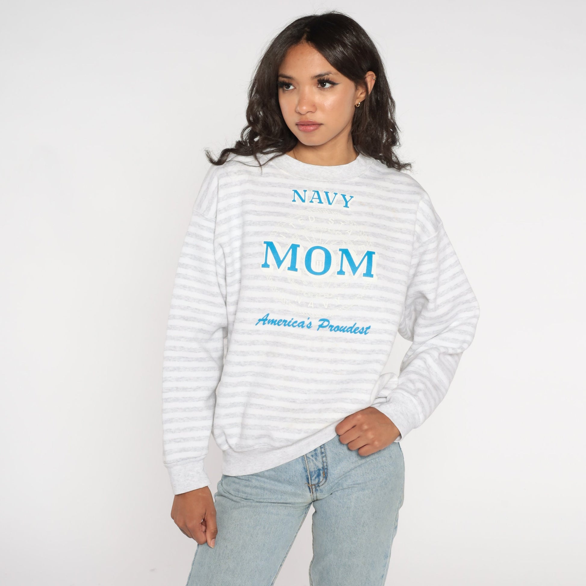 90s Navy Mom America's Proudest Striped Sweatshirt Grey White Crewneck Large