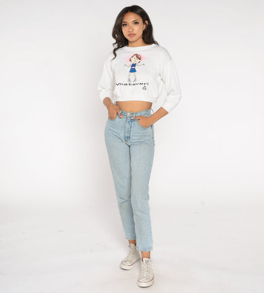 90s Whatever Graphic Cropped Sweatshirt White Sassy Girl Small S