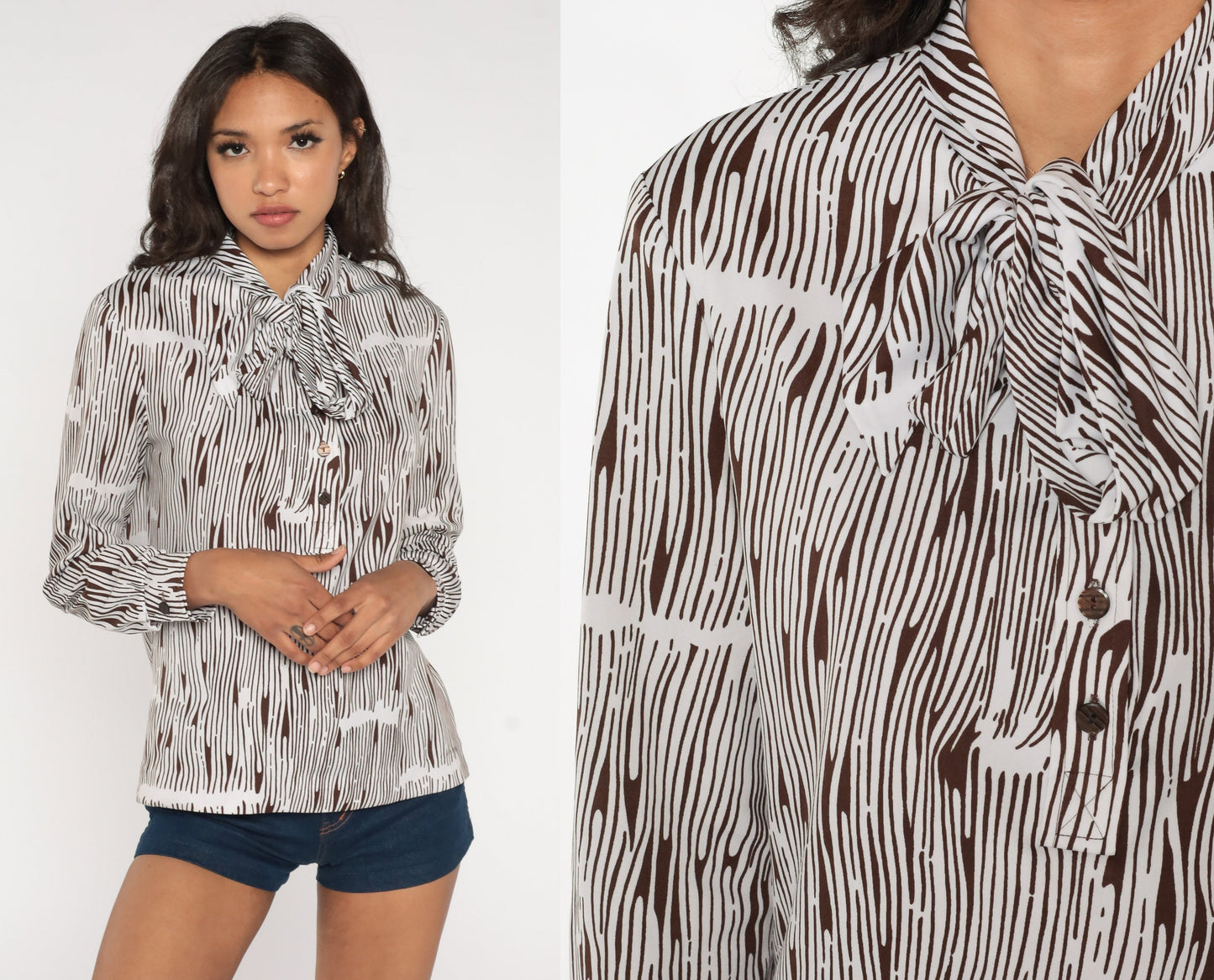 70s I. Magnin Zebra Print Ascot Blouse Long Sleeve White Brown Medium M
