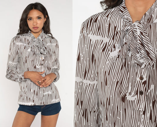 70s I. Magnin Zebra Print Ascot Blouse Long Sleeve White Brown Medium M