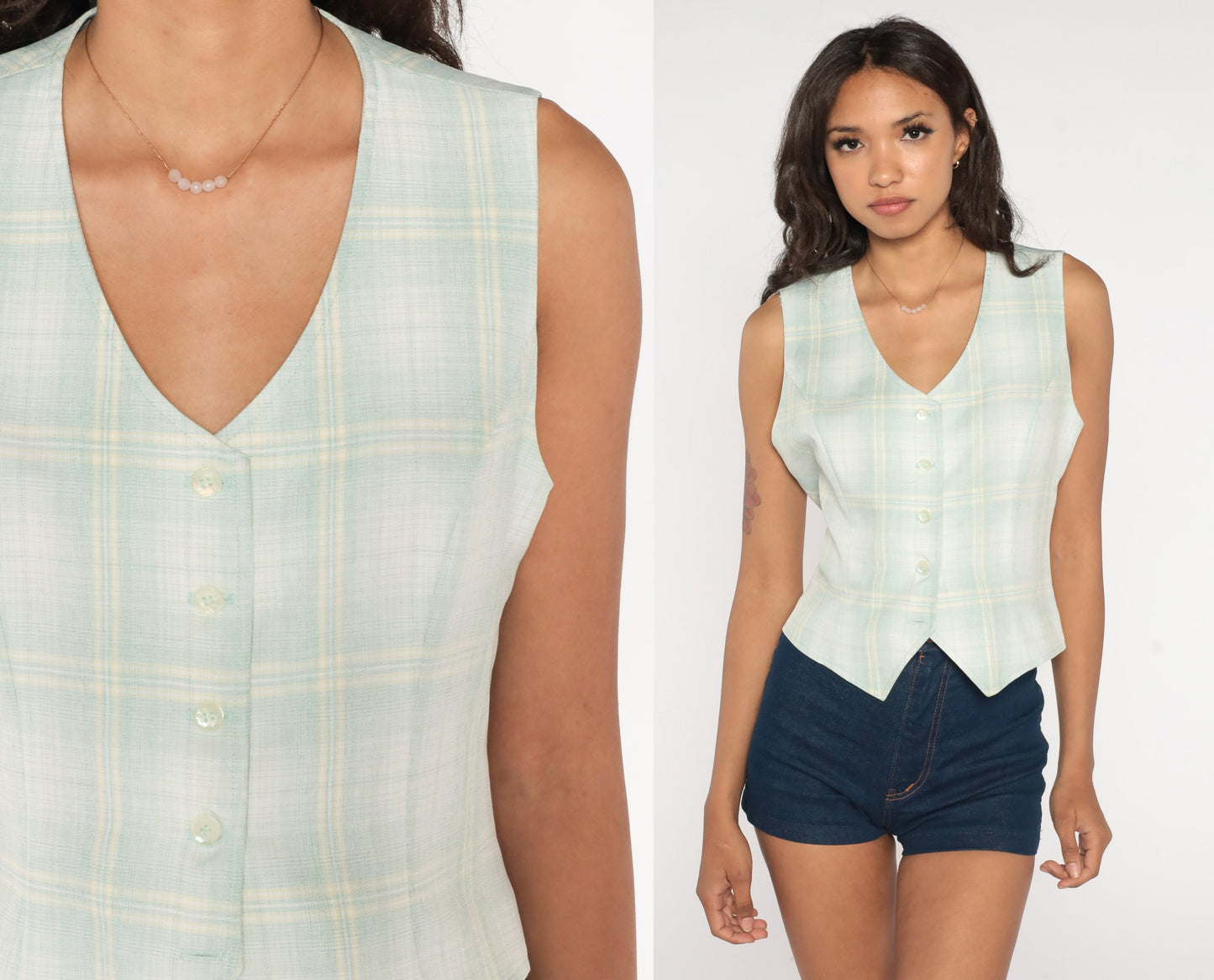 70s Green White Plaid Button-Up Vest Sleeveless Waistcoat Small