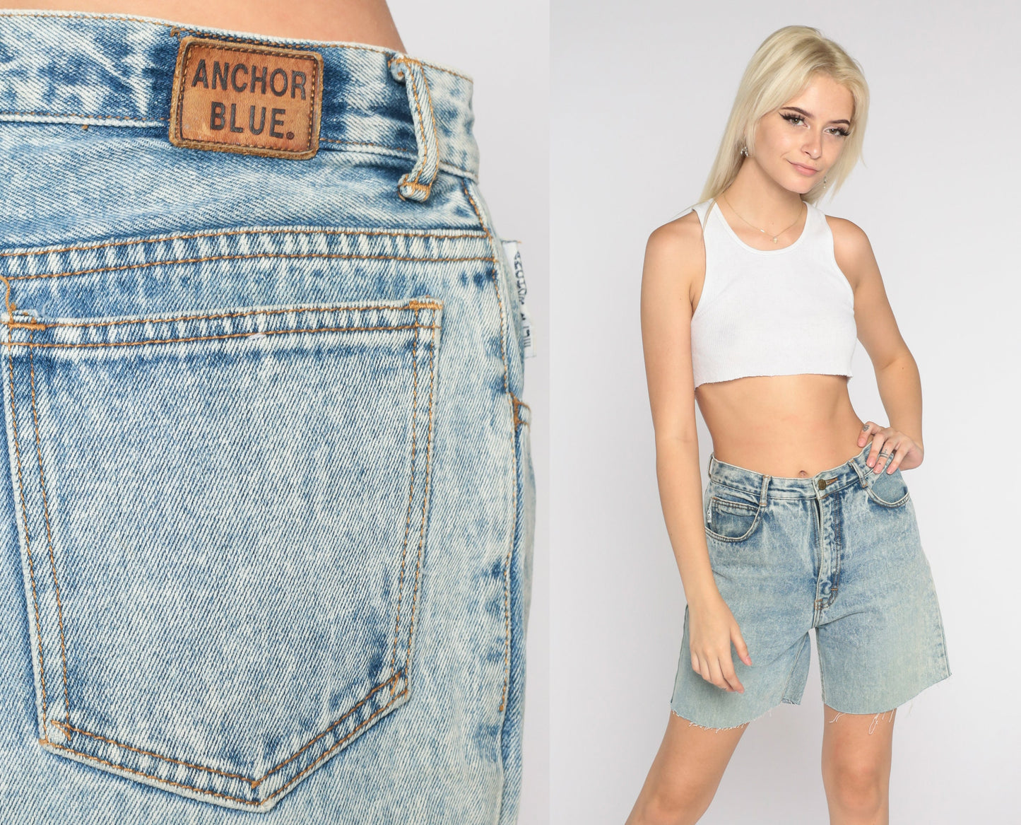 90s Stone Wash Denim Cutoff Shorts High Waisted Frayed Blue Medium