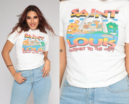 90s St Louis Gateway Arch Graphic T-Shirt White Cotton Tee Extra Small