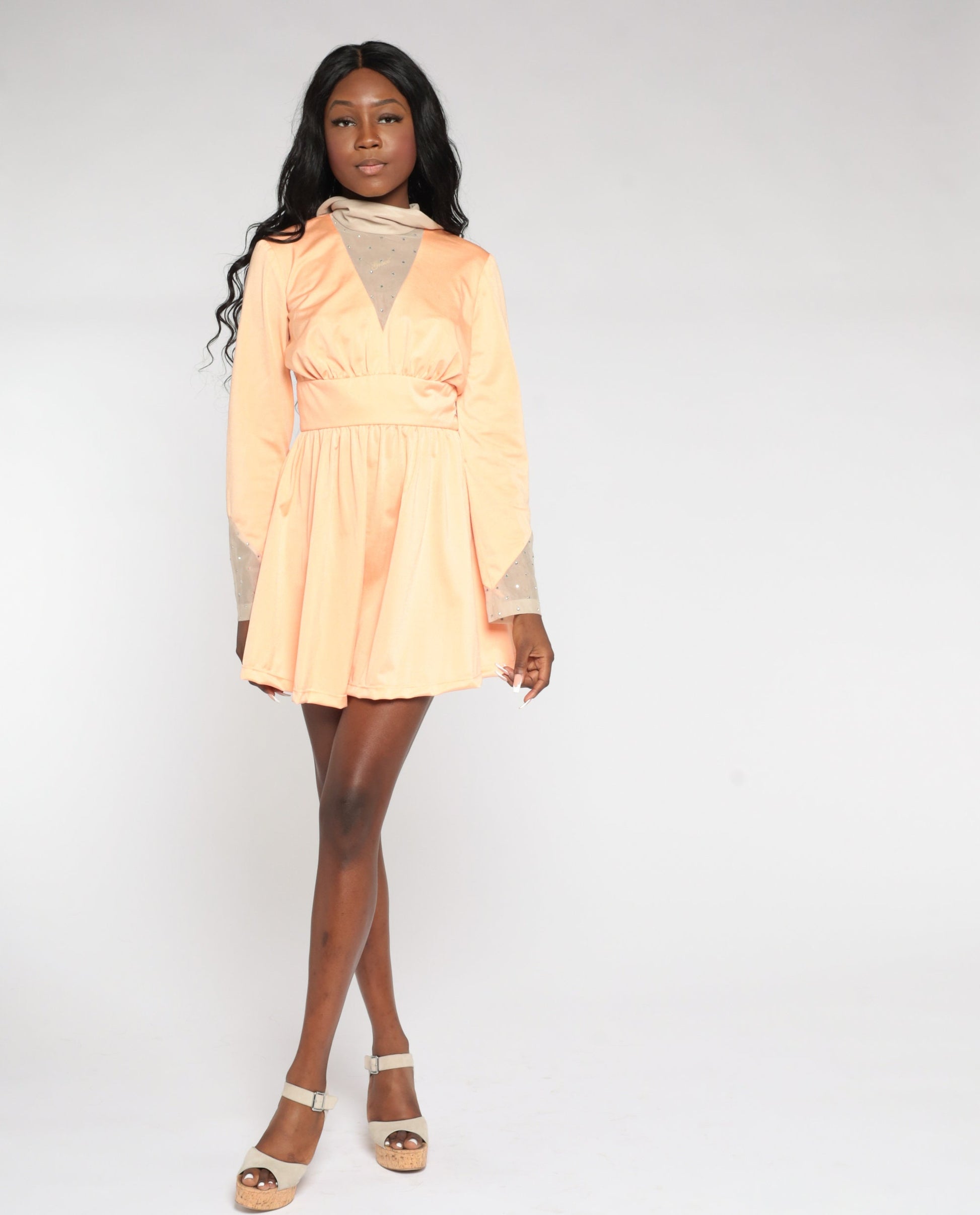 70s Peach Rhinestone Beaded Mini Dress Turtleneck Empire Waist Long Sleeve Medium