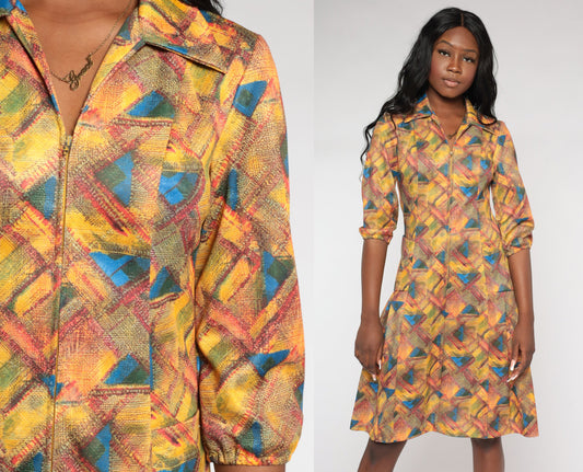 70s Geometric Abstract Print Shift Dress Collared Zip Front Knee Length Yellow Small