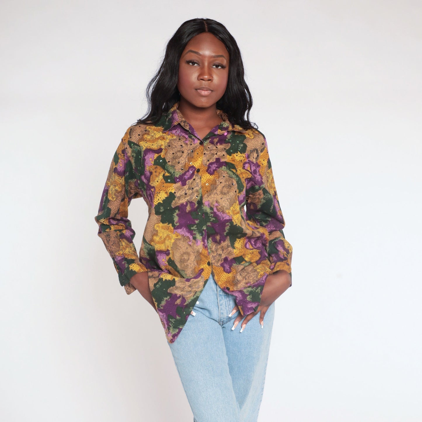 90s Floral Sequin Button Up Blouse Abstract Print Collared Long Sleeve Small