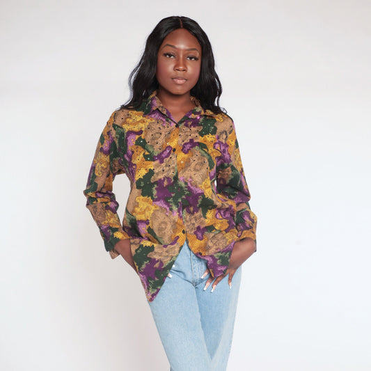 90s Floral Sequin Button Up Blouse Abstract Print Collared Long Sleeve Small