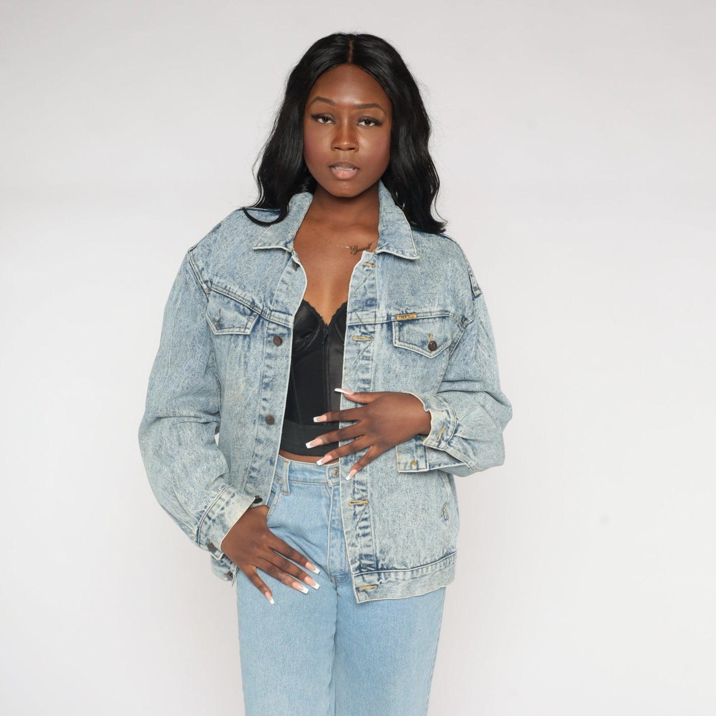 90s Acid Wash Denim Jacket Blue Button-Up Medium M