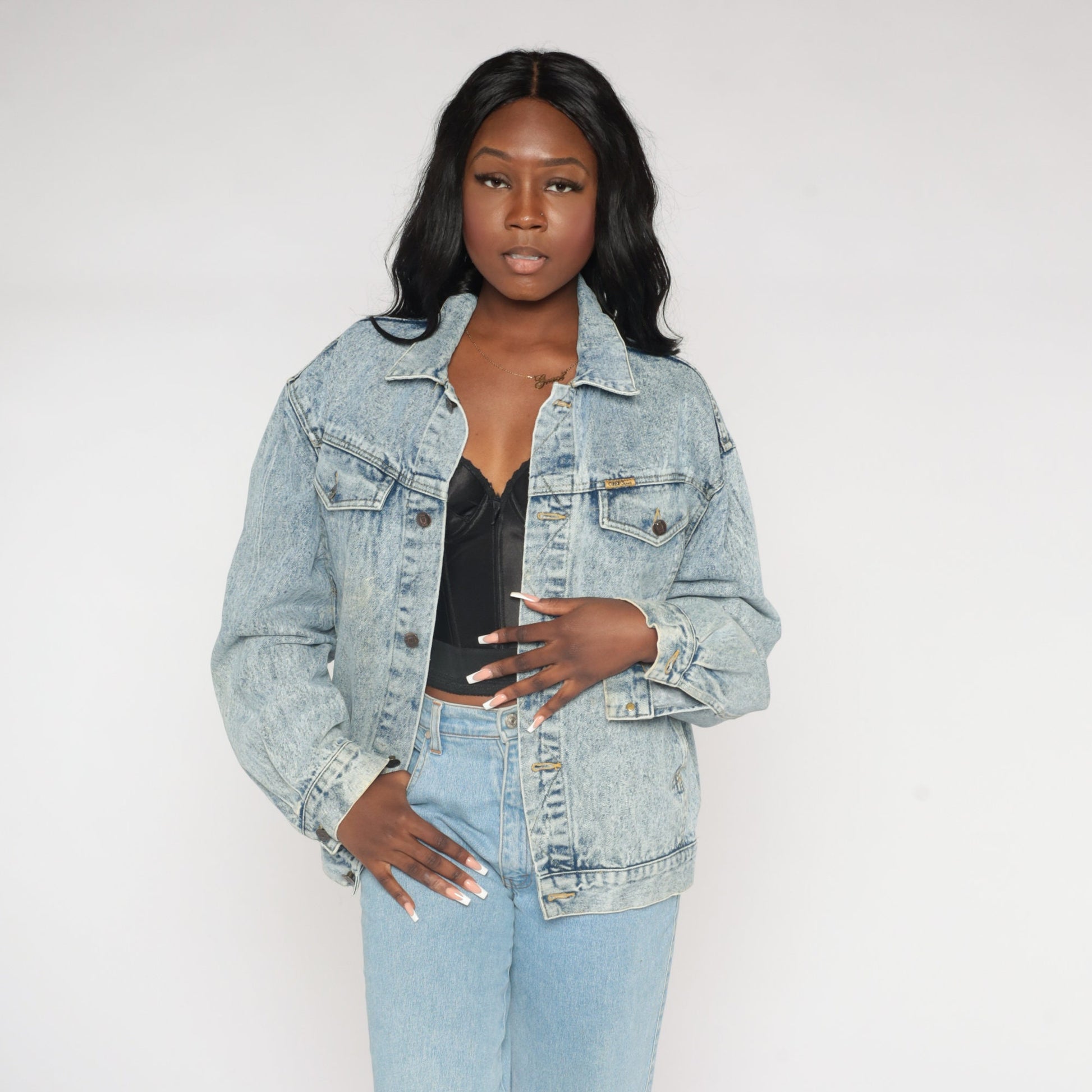 90s Acid Wash Denim Jacket Blue Button-Up Medium M