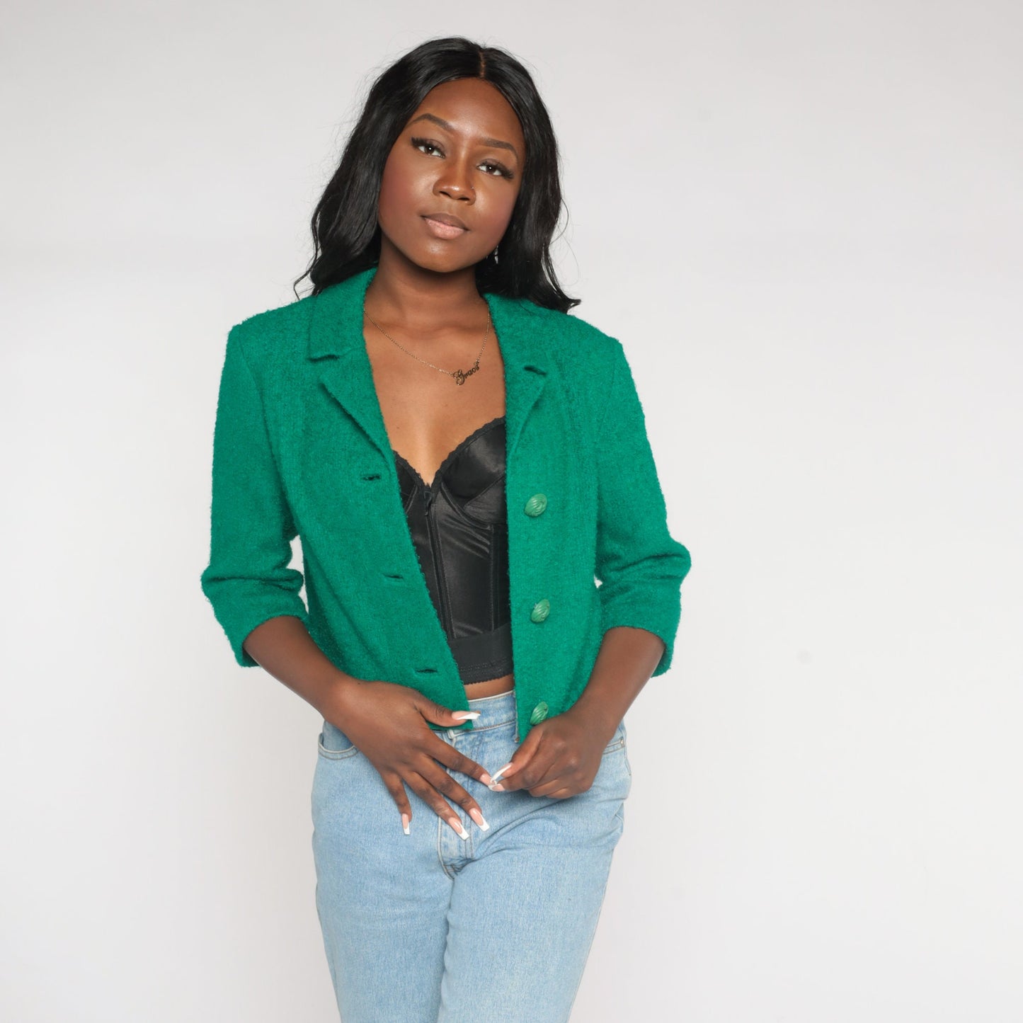 60s R & K Originals Green Wool Blend Blazer Cropped 3/4 Sleeve Small