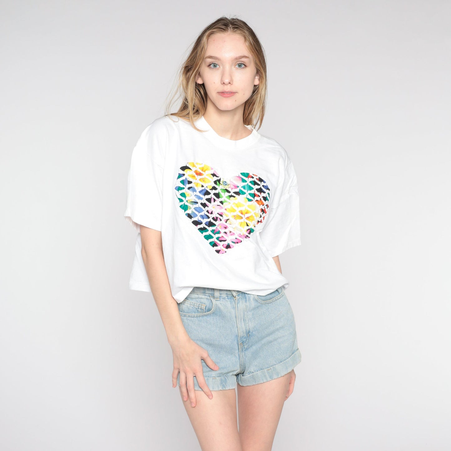 90s Floral Heart Graphic T-Shirt White Single Stitch Rosette Large L
