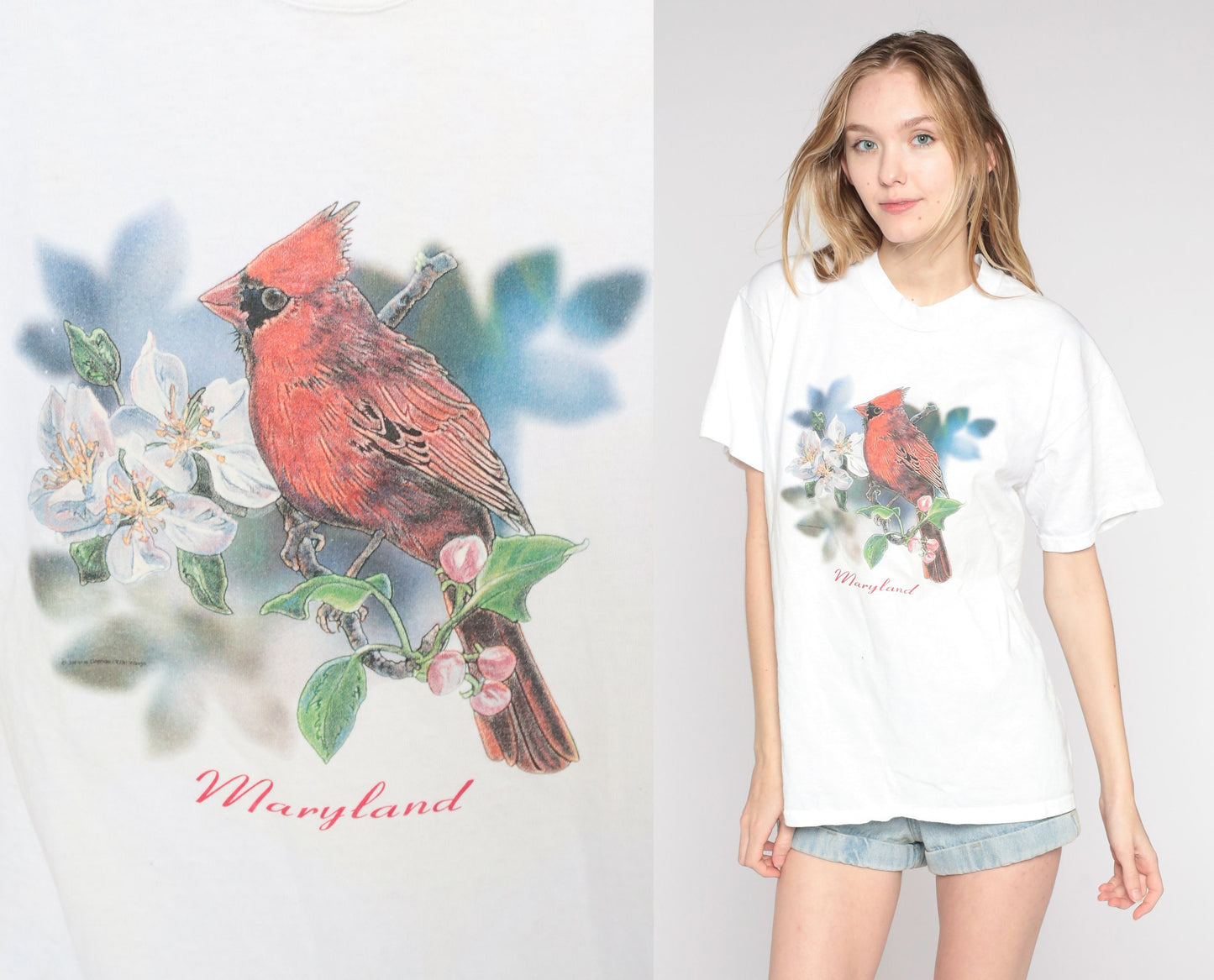 90s Maryland Northern Cardinal Graphic T-Shirt Red Bird Tee Large L