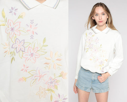 90s Floral Embroidered Collared Sweatshirt White Crewneck Petite Large