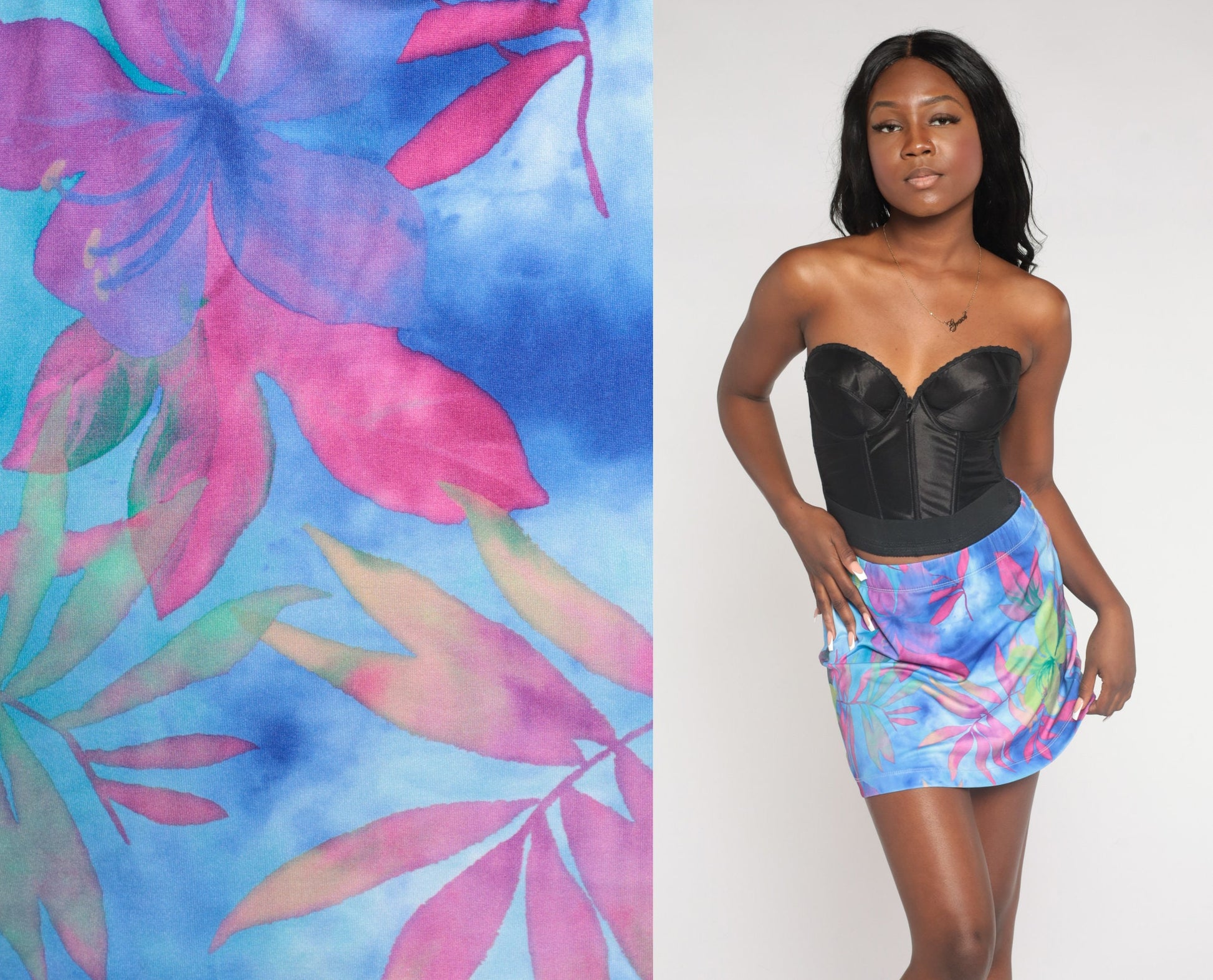 90s Purple Tropical Floral Mini Skirt Spandex Stretch Small S