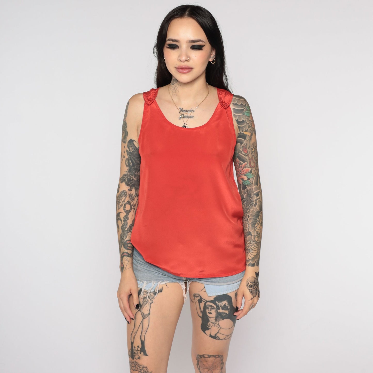 80s Red Tank Top Scoop Neck Button Strap Sleeveless Shirt Small
