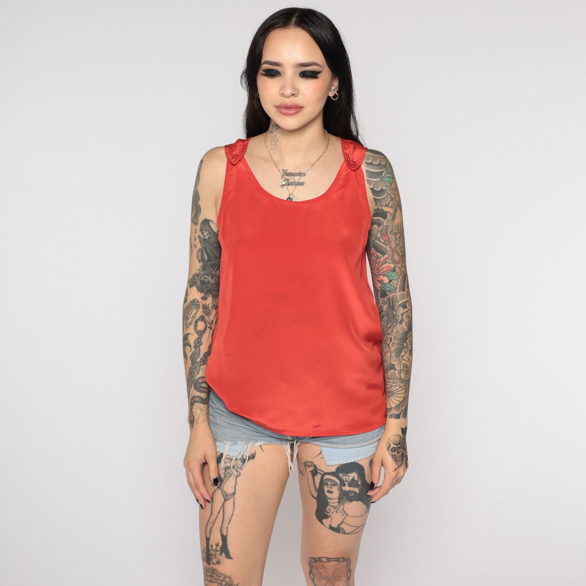 80s Red Tank Top Scoop Neck Button Strap Sleeveless Shirt Small