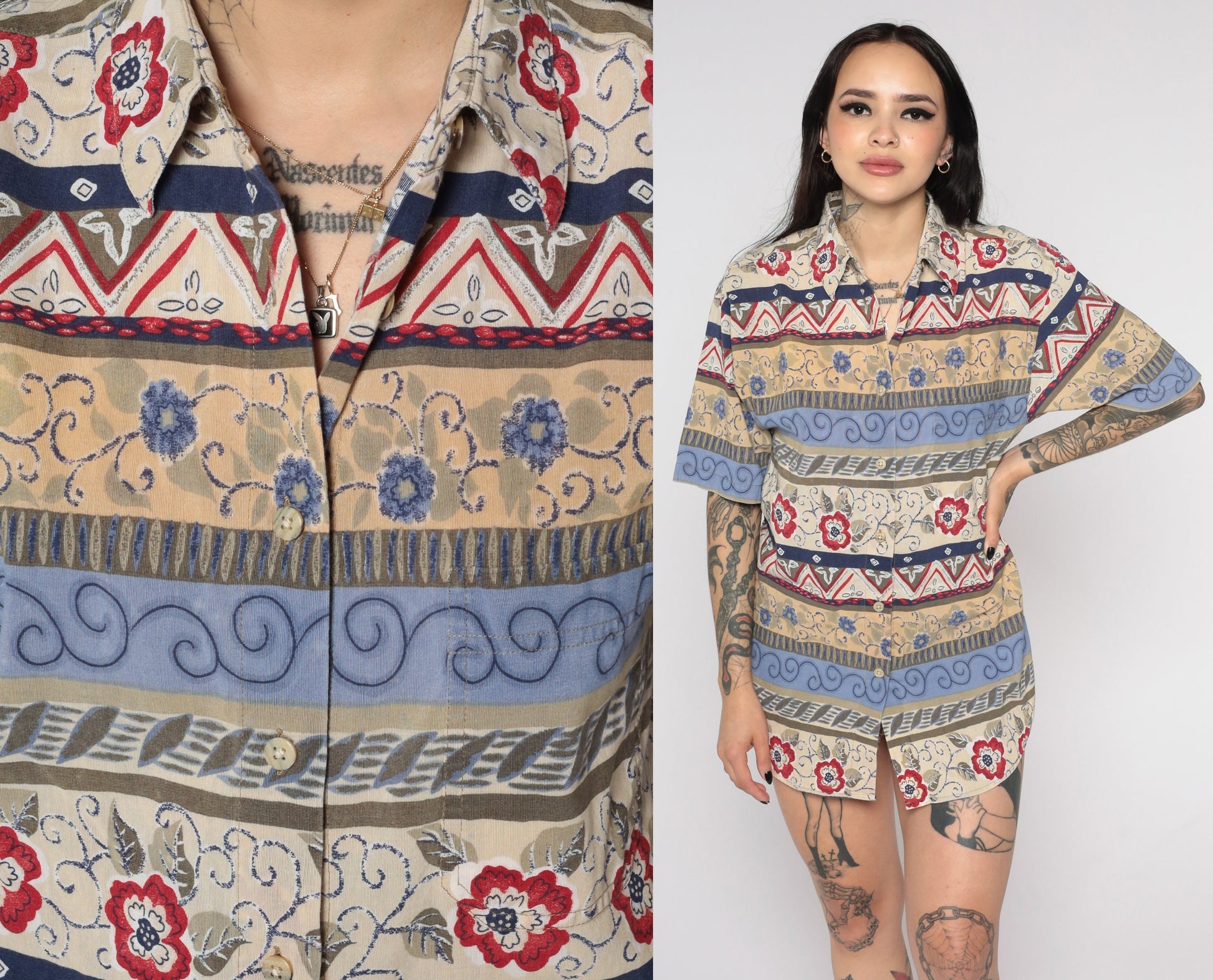 90s Floral Geometric Print Button-Up Blouse Blue Beige Short Sleeve Medium
