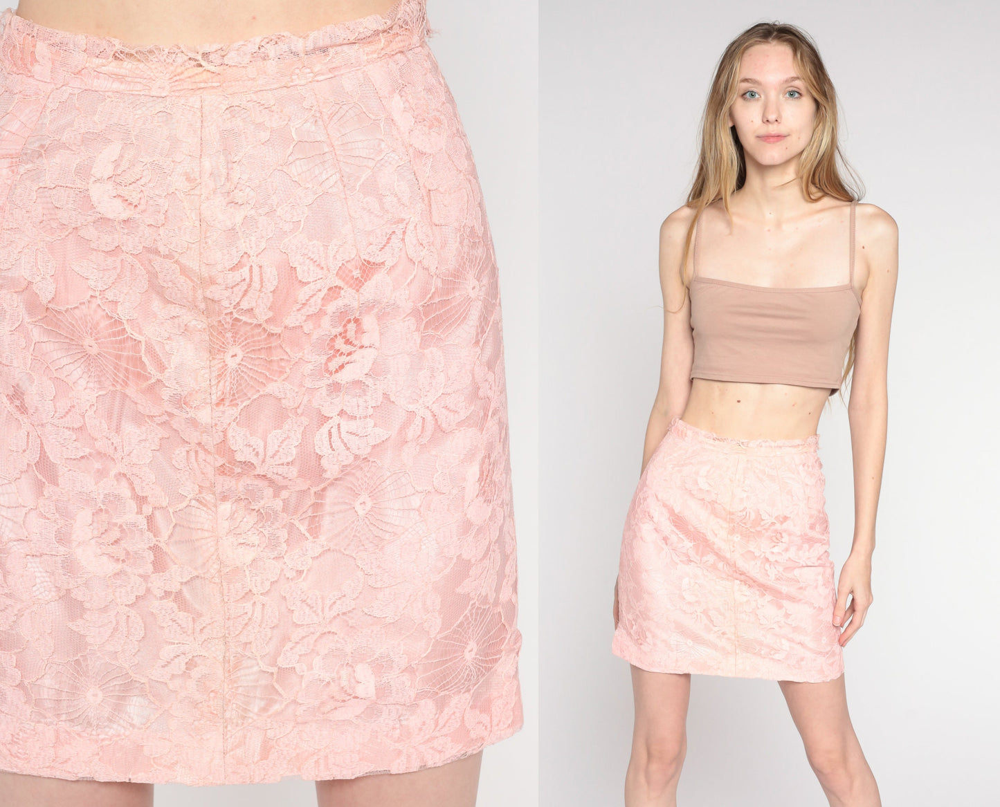 60s Baby Pink Lace Mini Skirt High Waisted Pencil Cut Extra Small