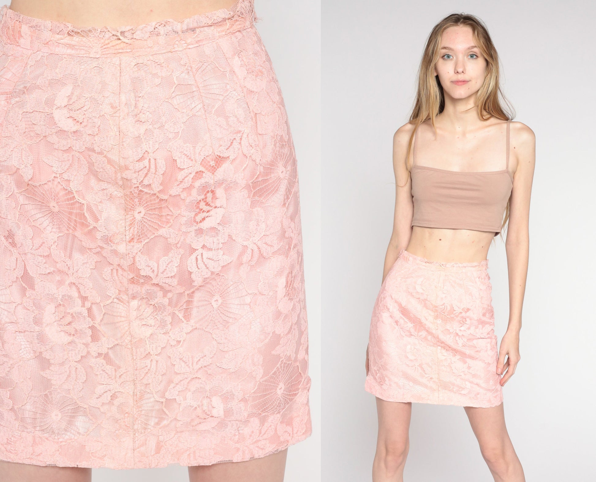60s Baby Pink Lace Mini Skirt High Waisted Pencil Cut Extra Small