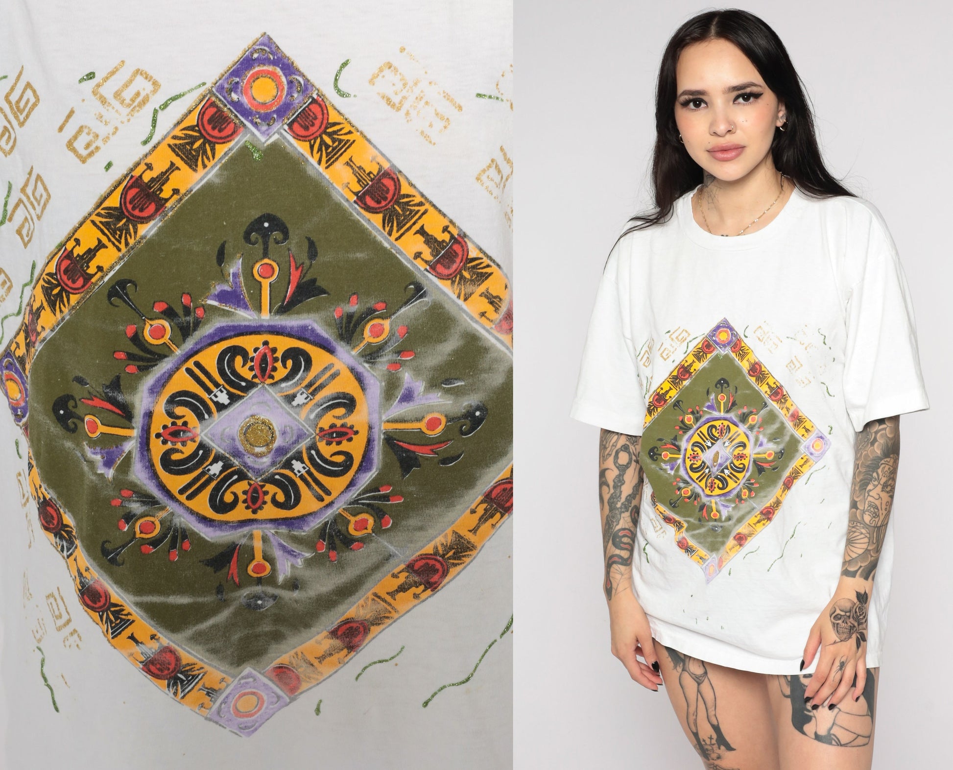 90s Geometric Square Print T-Shirt White Glitter Hand Painted Graphic Tee Large