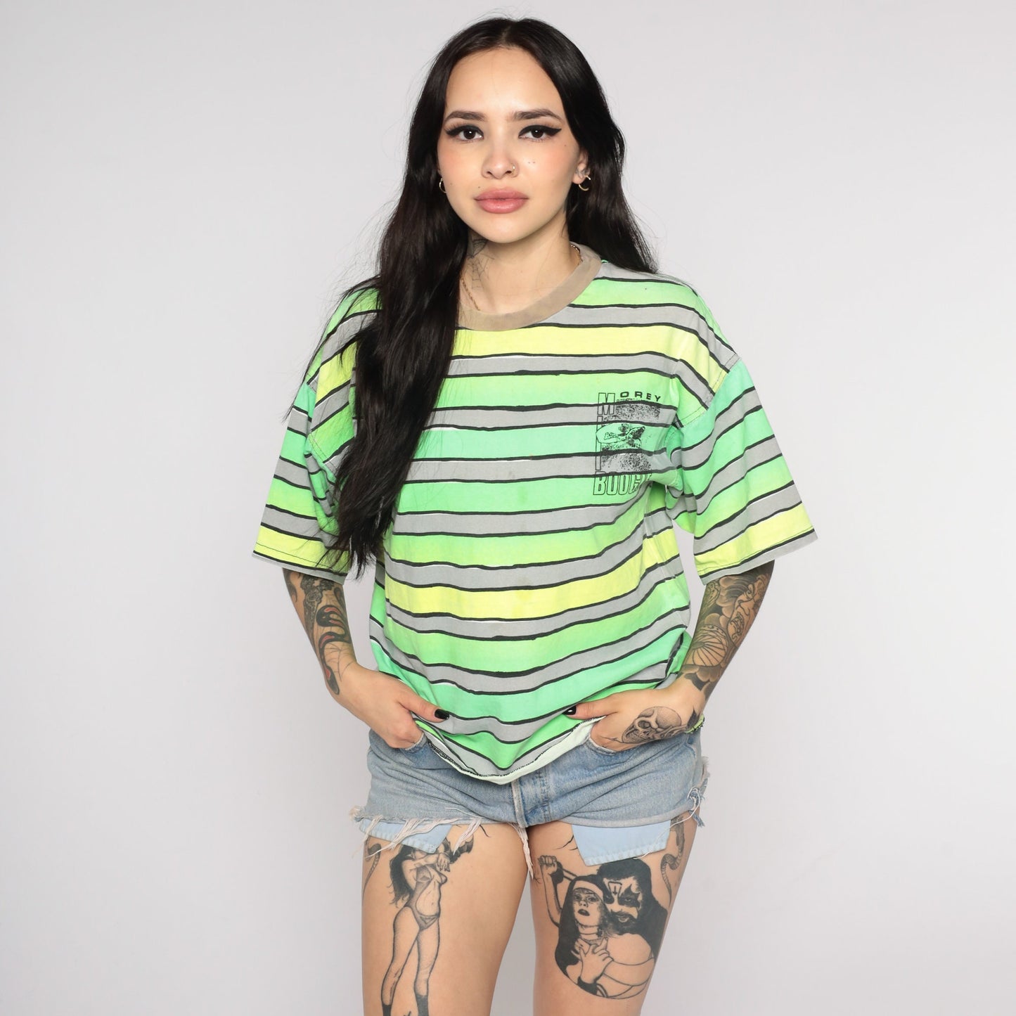 90s Morey Boogie Neon Surfer Graphic T-Shirt Green Striped Small